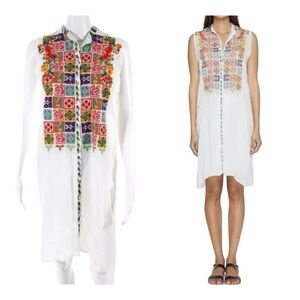 JOHNNY WAS Torreya White Multicolor Embroidered Button Down Sleeveless Dress S
